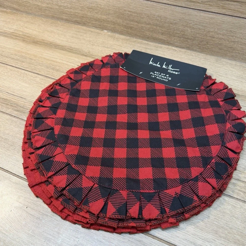 Nicole Miller Red Black Buffalo Plaid Cloth Placemats Set Of 4 Ruffle Holiday